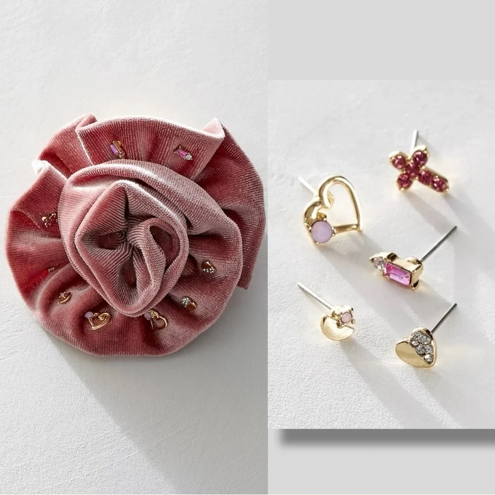Free People Blush Pink Velvet Rose Brooch 5 Pairs of Stud Earrings Cross Heart